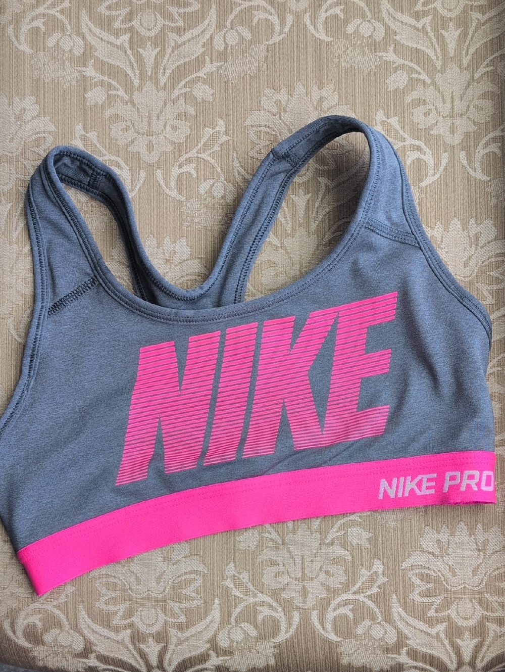 Nike Gray Sports Bra with Hot Pink Logo and Band